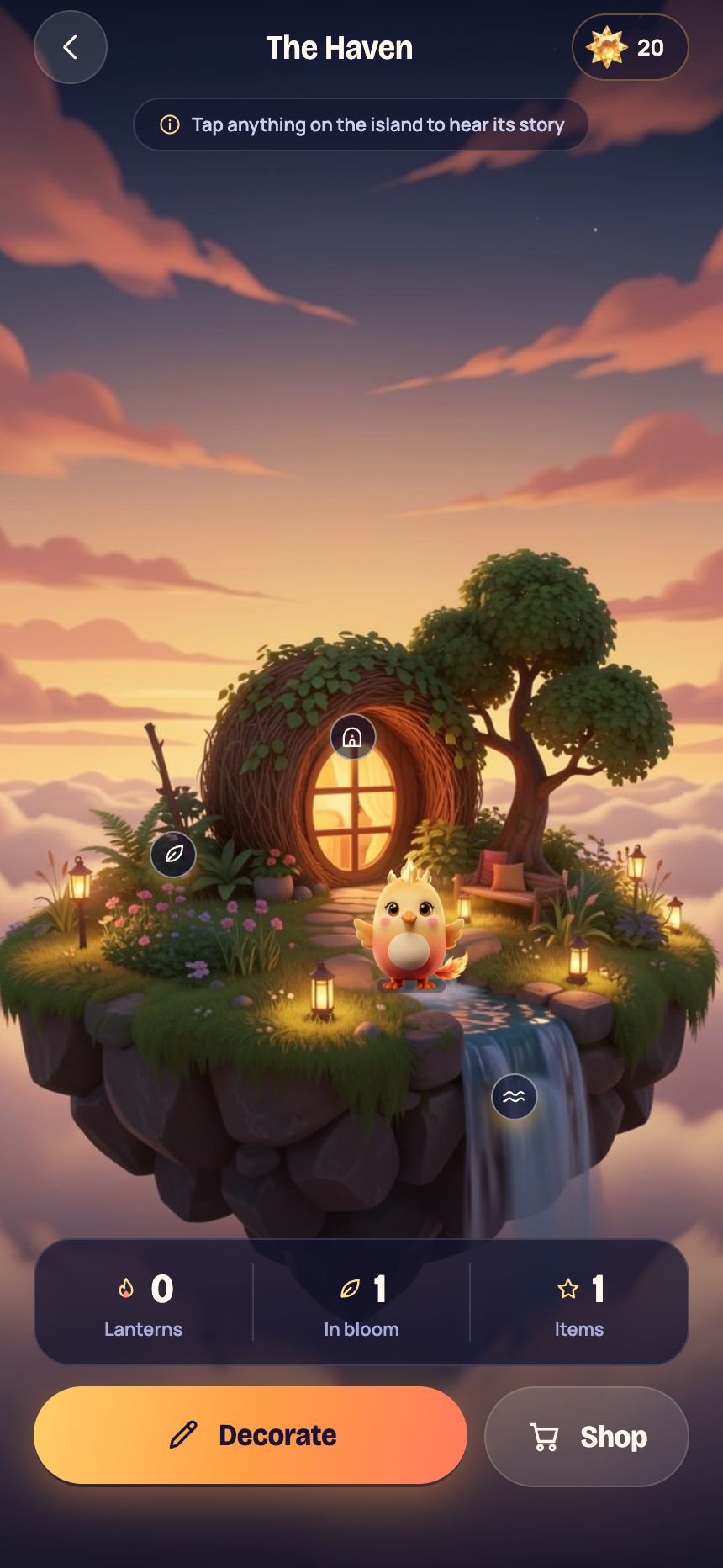 The Haven: a floating island at dawn with a round house, lanterns, a waterfall, and Sori.