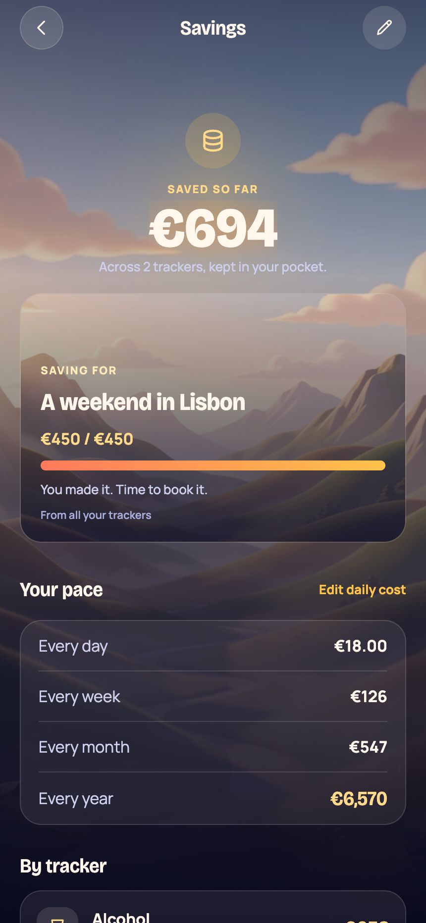 The savings screen showing money saved so far and a savings goal.